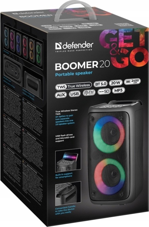 Głośnik Bluetooth Defender BOOMER 20W z LED, TWS, FM - Przenośny
