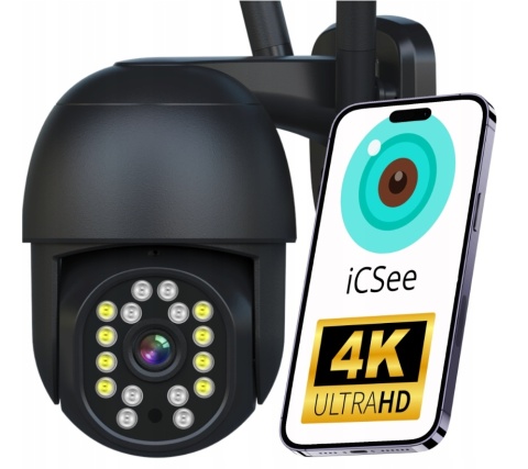 Kamera WiFi Zewnętrzna Obrotowa 8MPx ZOOM UHD 2160p POWIADOMIENIA 4K CZARNA