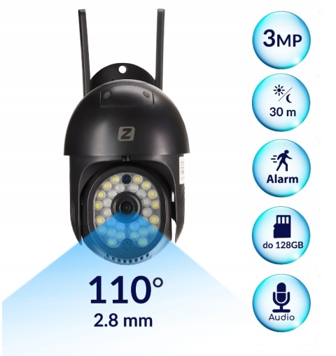 ZEWNĘTRZNA KAMERA OBROTOWA IP 3MPx V3 DARK WiFi CZARNA ZOOMx4 2304x1296