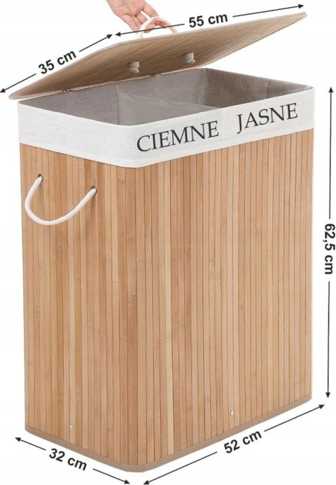 KOSZ BAMBUSOWY NA PRANIE DWUKOMOROWY POJEMNIK 100L PRAKTYCZNY ELEGANCKI