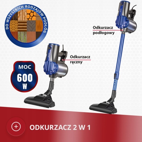 Odkurzacz pionowy MPM MOD-34, moc 600W, cyklonowy, 2w1 ręczny i na kółkach