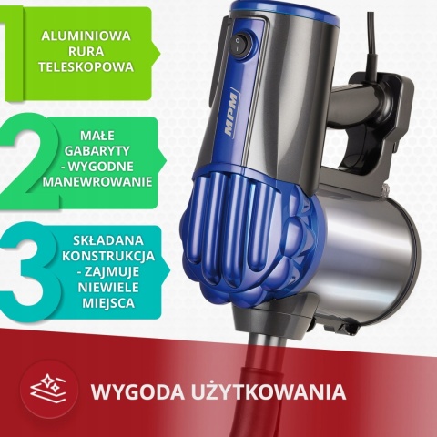 Odkurzacz pionowy MPM MOD-34, moc 600W, cyklonowy, 2w1 ręczny i na kółkach