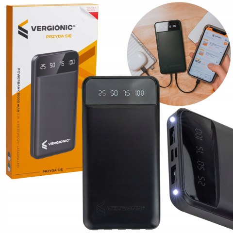 Powerbank 10000Mah 2.1A 4 Przewody + Latarka Wyświetlacz Led Kompaktowy
