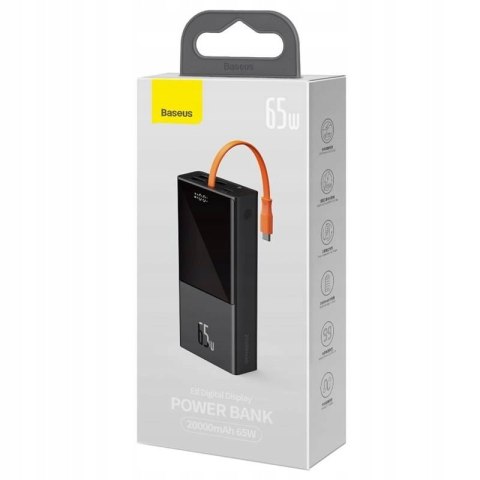 Powerbank Baseus 20000Mah 65W Pd Qc3.0 Usb-C Kabel Led Laptop Tablet Czarny