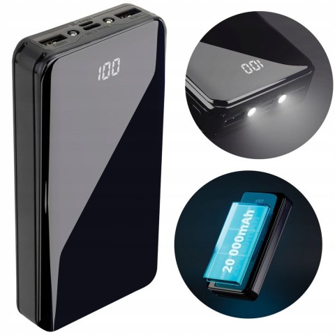 Czarny Powerbank 20000Mah 2Xusb Microusb Usb-C Usb-A Latarka 2.1A Mocny Led