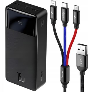 Czarny Powerbank Baseus 30000Mah 15W Z Kablem Lightning + Usb-C + Micro Usb