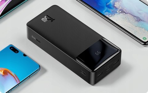 Czarny Powerbank Baseus 30000Mah 15W Z Kablem Lightning + Usb-C + Micro Usb