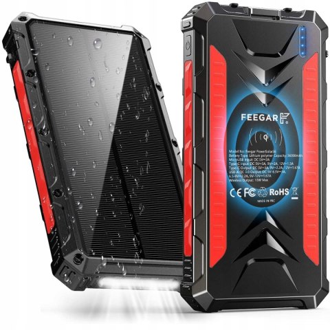 Feegar Powerbank Solarny 36000Mah Qi 10W 4 Urządzenia Ładowanie Szybkie Ip6