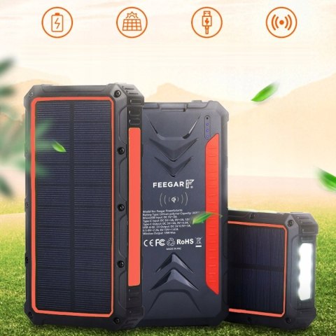Feegar Powerbank Solarny 36000Mah Qi 10W 4 Urządzenia Ładowanie Szybkie Ip6