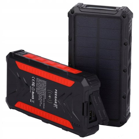 Feegar Powerbank Solarny 36000Mah Qi 10W 4 Urządzenia Ładowanie Szybkie Ip6