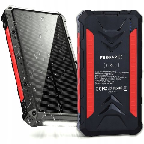 Feegar Powerbank Solarny 36000Mah Qi 10W 4 Urządzenia Ładowanie Szybkie Ip6