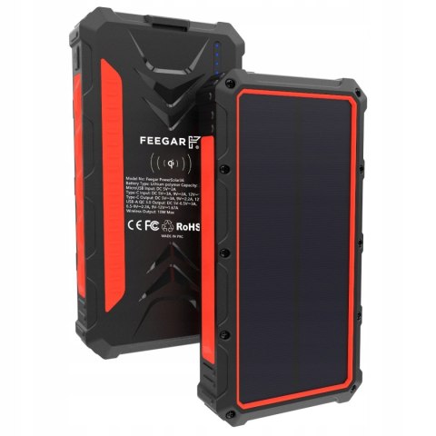 Feegar Powerbank Solarny 36000Mah Qi 10W 4 Urządzenia Ładowanie Szybkie Ip6