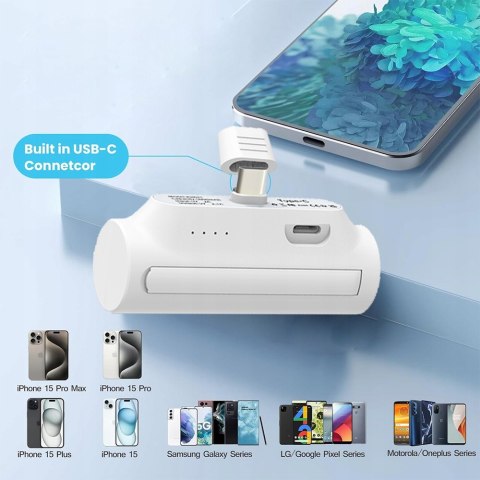 Mały Powerbank 5000Mah 20W Usb-C Przenośna Ładowarka Kieszonkowa Biały