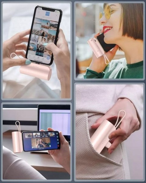 Mini Podróżny Powerbank 5000Mah 20W Przenośny Szybkie Ładowanie Iphone Róż