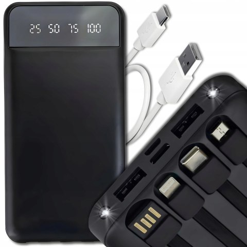 Powerbank 10000Mah 4 Kable Usb-C Microusb Lightning Led Latarka Wyświetlacz