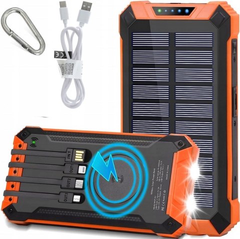 Powerbank Solarny 30000Mah Z Indukcją, 6X Usb, Latarka Led, Czarno-Pomarańczowy
