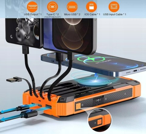 Powerbank Solarny 30000Mah Z Indukcją, 6X Usb, Latarka Led, Czarno-Pomarańczowy