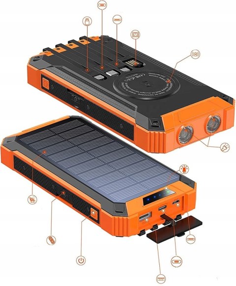 Powerbank Solarny 30000Mah Z Indukcją, 6X Usb, Latarka Led, Czarno-Pomarańczowy