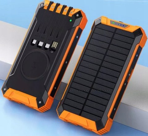 Powerbank Solarny 30000Mah Z Indukcją, 6X Usb, Latarka Led, Czarno-Pomarańczowy