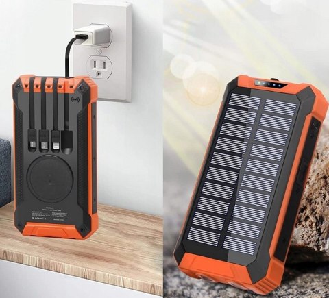 Powerbank Solarny 30000Mah Z Indukcją, 6X Usb, Latarka Led, Czarno-Pomarańczowy