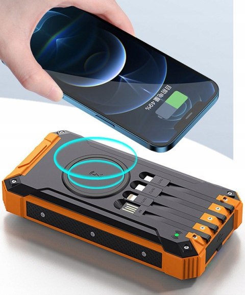 Powerbank Solarny 30000Mah Z Indukcją, 6X Usb, Latarka Led, Czarno-Pomarańczowy
