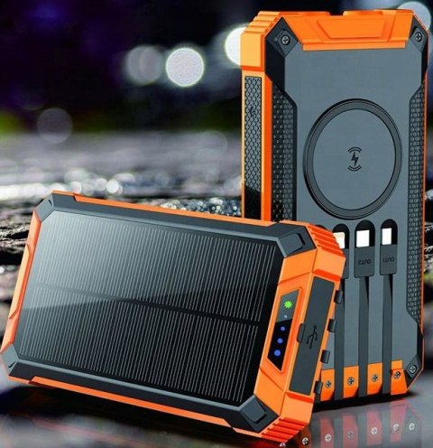 Powerbank Solarny 30000Mah Z Indukcją, 6X Usb, Latarka Led, Czarno-Pomarańczowy