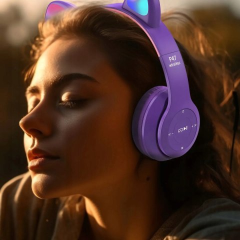 Słuchawki Bluetooth 5.0 Dziecięce Led Rgb Kocie Uszy Mikrofon Mp3 Radio