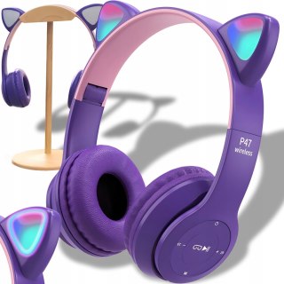 Słuchawki Bluetooth Z Kocimi Uszami Led Rgb Mikrofon, Fioletowe Dla Dzieci