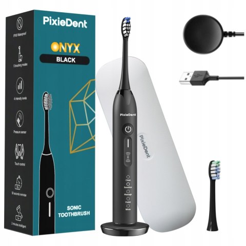 Zestaw 2 szczoteczek sonicznych PixieDent Onyx, czarna i biała, 4 końcówki