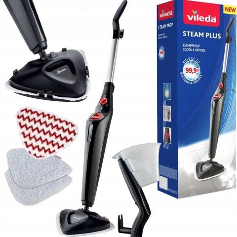Mop Parowy Vileda Steam Plus 3 Wkłady + Nakładka Do Dywanów 99,9% Czystość