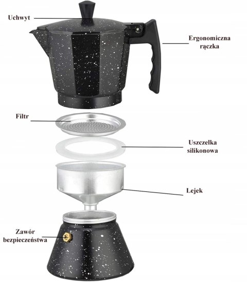 Kawiarka Espresso 300Ml 6 Filiżanek, Indukcja/Gaz - Marmurkowa Powłoka
