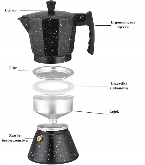 Kawiarka Espresso 600Ml 12 Filiżanek - Indukcja I Gaz, Czarna Marmurkowa