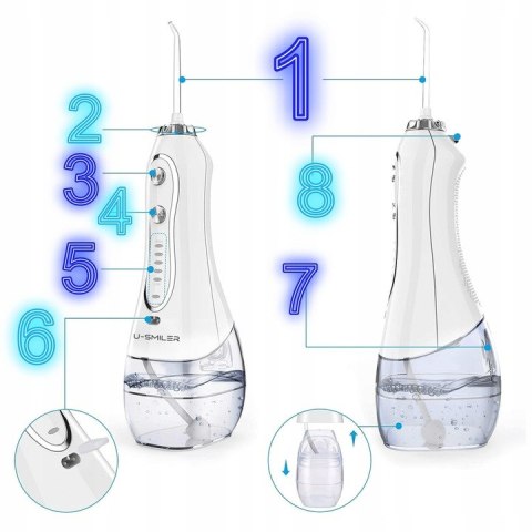Irygator U-Smiler 5 Trybów Pracy, 8 Końcówek, Bezprzewodowy 300Ml, Ipx7