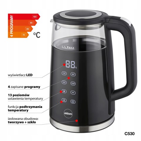 Czajnik Bezprzewodowy Szklany 1,7L 2200W Dotyk.Temp. 13 Poziomów 4 Programy
