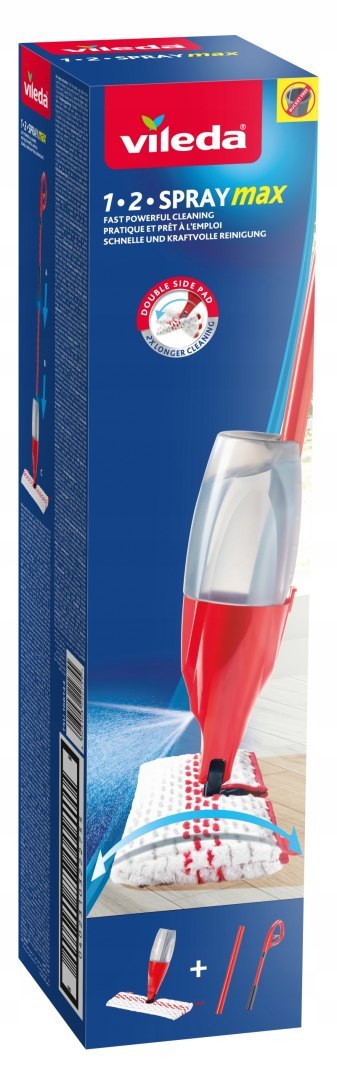 Vileda Mop 1-2 Spray Max - Obrotowa Głowica, Dwustronna Mikrofibra, 750 Ml