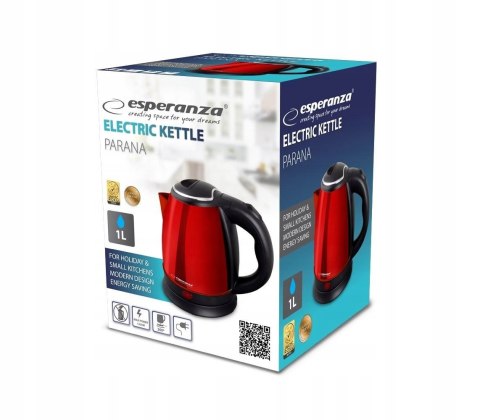 Czajnik Elektryczny Esperanza 1L 1350W, Stal Nierdzewna, Czerwony, A.Wył.