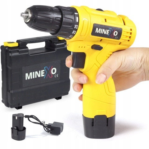 Wiertarko-Wkrętarka Akumulatorowa 12V z 2 Aku, 25 Biegów, LED, MINEXO