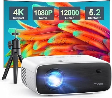 Yoton Y6 Projektor 1080P/4K, 18000 Lumenów, Bluetooth, 200 Cali, Statyw