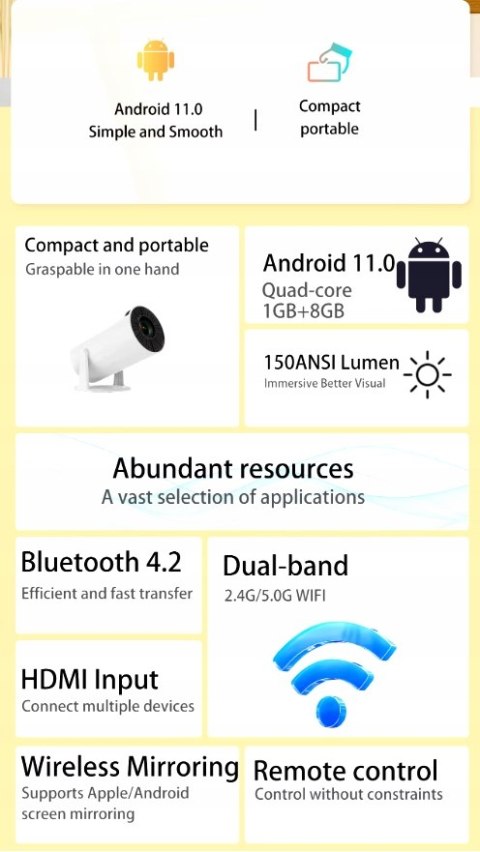 Mini Projektor Smart Android 11 | Hd 1080P | Przenośny | Wi-Fi I Bluetooth