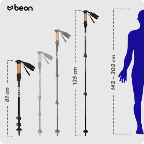 Regulowane Kije Trekkingowe Beon Pro Black Z Uchwytem Cork Grip, 2 Szt.