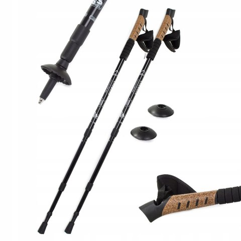 Kij Nordic Walking Czarny 3-Segmentowy Anti-Shock, Alu, Korkowa Rączka