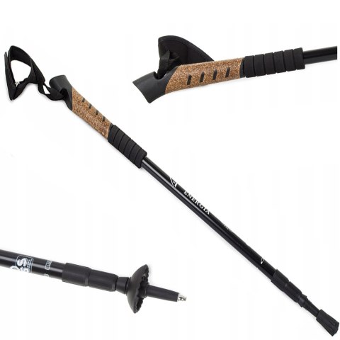 Kij Nordic Walking Czarny 135 Cm Anti-Shock Z Korkową Rączką 3 Końcówkami