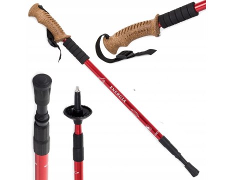 Kij Nordic Walking Trekingowy Czerwony 3-Segmentowy Antishock 135Cm Korkowy
