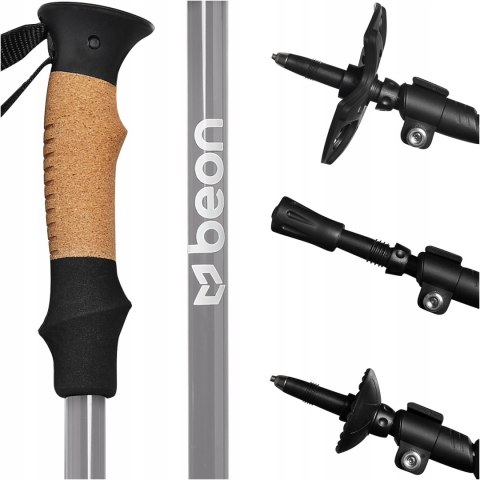 Kije Trekkingowe Beon Pro Grey Z Rączkami Korkowymi, Regulacja 61-135 Cm