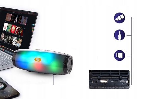Głośnik Bluetooth RGB LED 10W Mobilny 2x5W USB FM Wodoszczelny Czarne