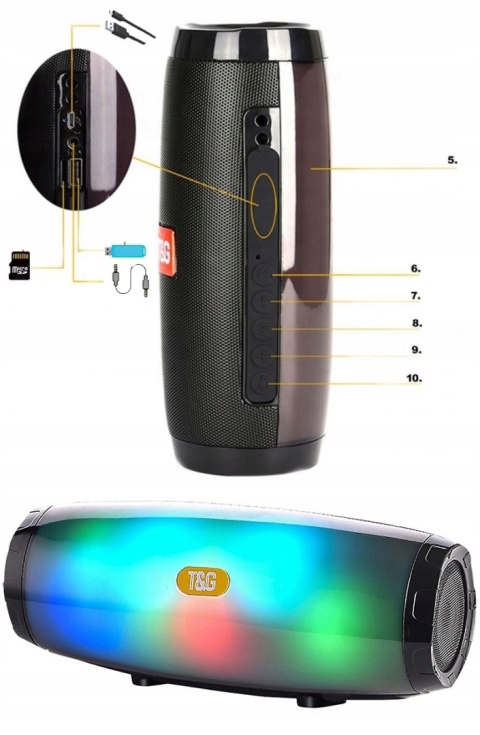 Głośnik Bluetooth RGB LED 10W Mobilny 2x5W USB FM Wodoszczelny Czarne