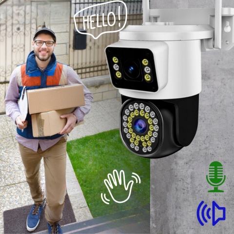 Kamera WiFi 8MP, podwójny obiektyw, obrotowa, IP66, zdalne sterowanie