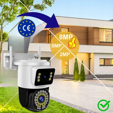 Kamera WiFi 8MP, podwójny obiektyw, obrotowa, IP66, zdalne sterowanie
