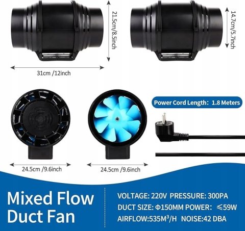 Wentylator Kanałowy 150 Mm Ip44 Dwubiegowy 535/400 M³/H 59/54W Cichy 42Dba