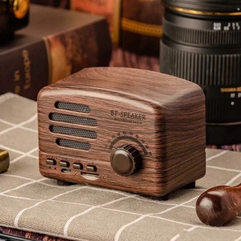 Głośnik Bluetooth Retro z Radiem FM, Ciemne Drewno, Wbudowany Mikrofon
